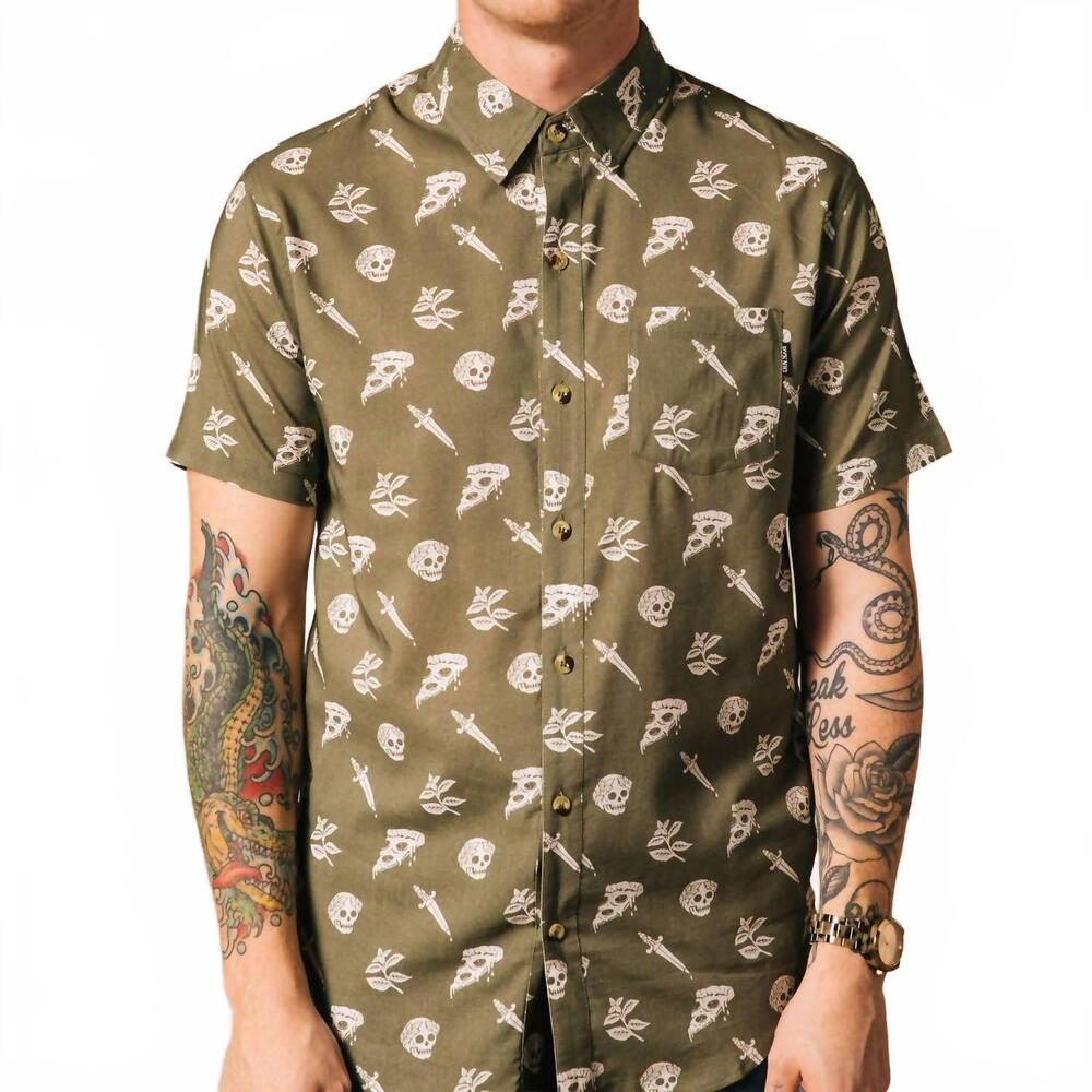 NEW PYKNIC pizza slayer tattoo flash casual button up shirt in green
